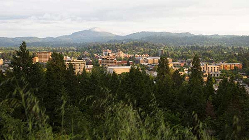 Skyline of Eugene with trees in the foreground and hills in the background