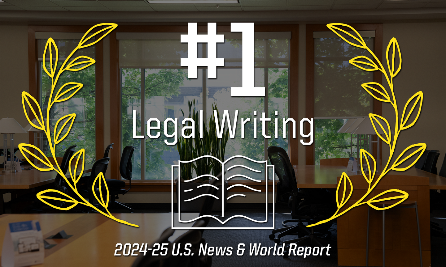 #1 Legal Writing. 2024-25 U.S. News and World Report. Image of desks and chairs for studying in the John E. Jaqua Law Library.