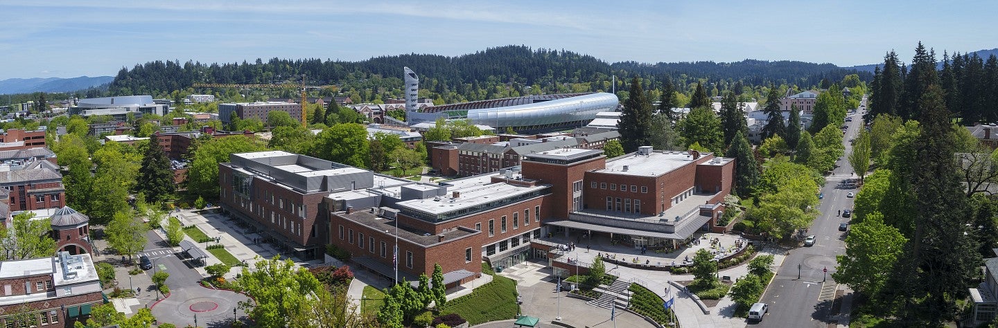 Aerial view of the University of Oregon campus and the Willamette Valley