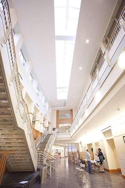 looking upwards from the ground floor towards the library entrance