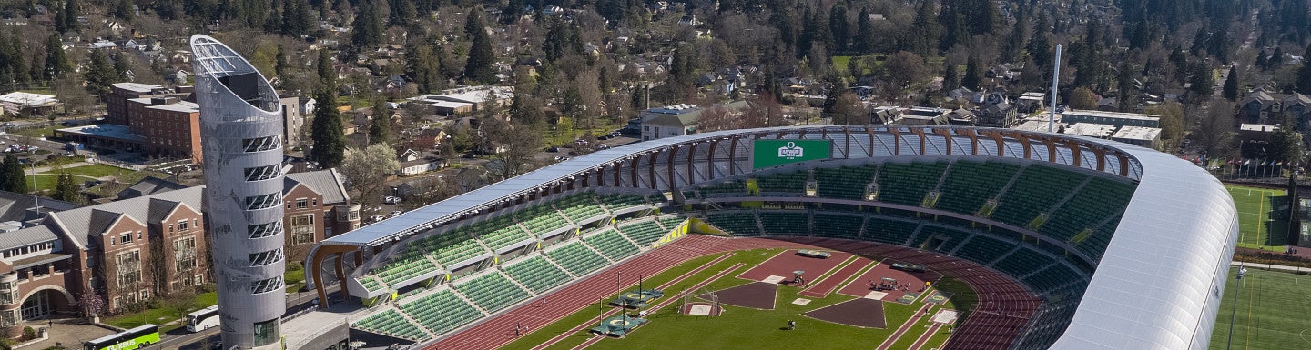Aerial photo of Hayward Field next to the law school