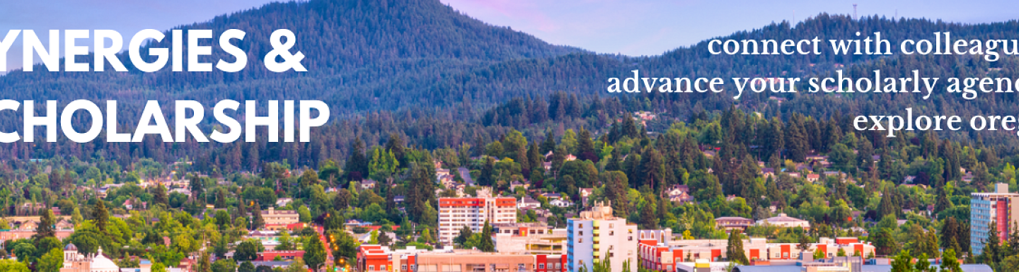 Synergies & Scholarship webpage header image featuring a bird's eye view of Eugene, Oregon.