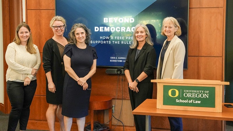 Professors Liz Frost, Rebekah Hanley, and Joan Rocklin (at left) appear with Georgetown Professor of Law Erin Carroll and Oregon Law Professor Suzanne Rowe.