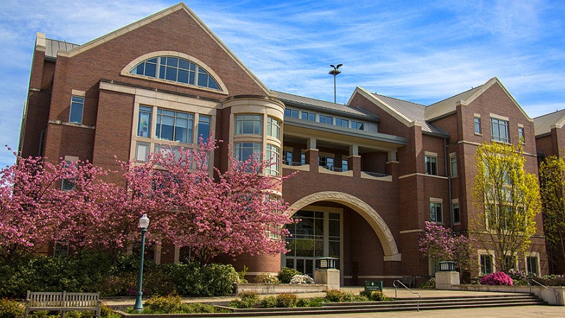 portrait of the knight law center on a sunny day with the osprey taking flight