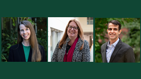 Photos of Assistant Clinical Professor Kristie Gibson, Professor Adell Amos, and Associate Dean Mohsen Manesh.