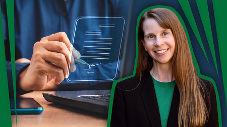 Oregon Law Professor Kristie Gibson in front of a hand drawing on a digital tablet