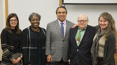 Heather Brinton, Dean Marcilynn A Burke, Strickland Lecture speaker James Anaya, Rennard Strickland, and Mary Wood at the 2017 Rennard Strickland Lecture 