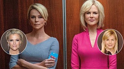 still from movie of Megyn Kelly (played by Charlize Theron) and Gretchen Carlson (Nicole Kidman)