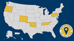 outline of US with states in blue and yellow