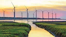 River surrounded by windmills