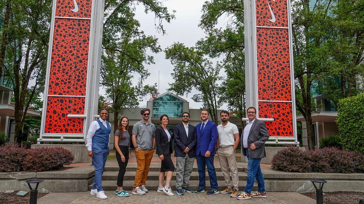 Students show off their Nikes at Nike headquarters