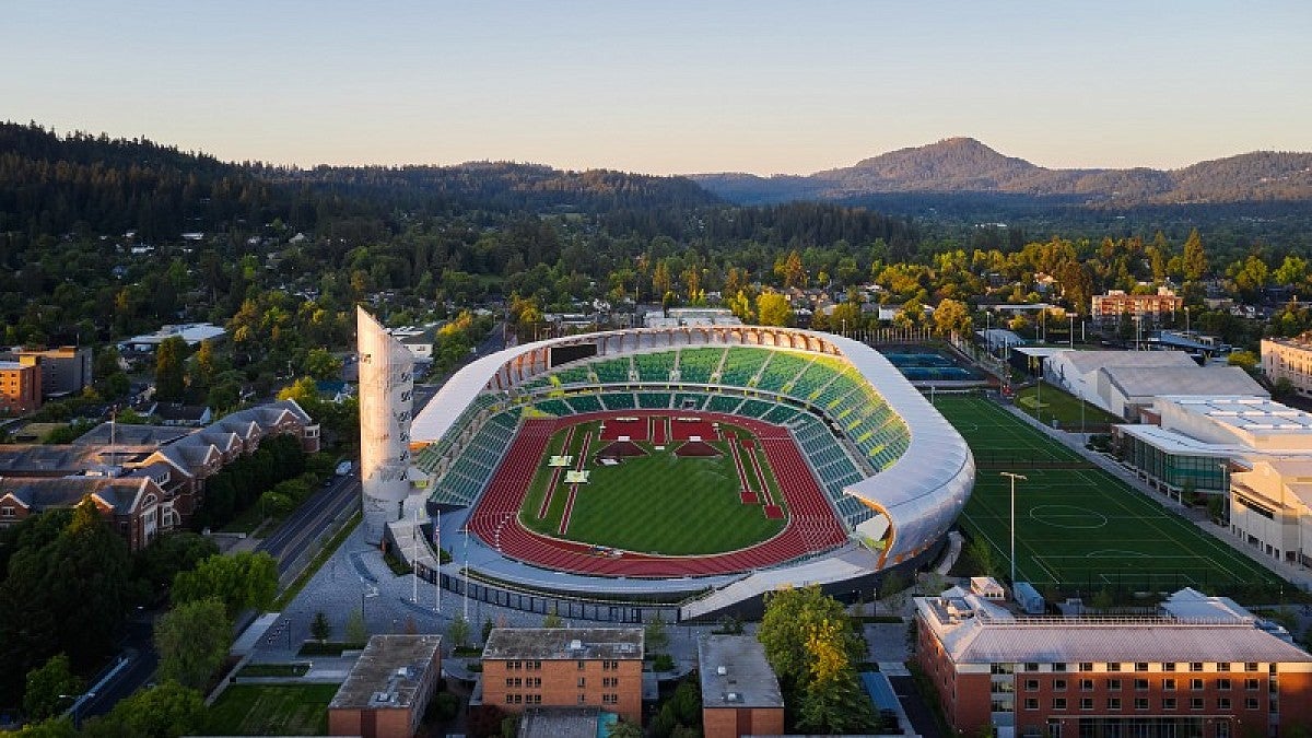 Aerial shot of Hayward Field next to the law school