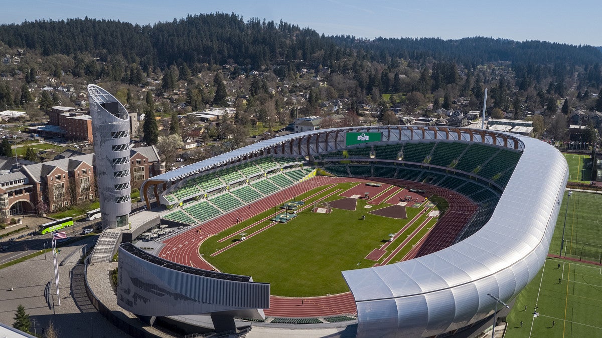 Aerial photo of Hayward Field next to the law school