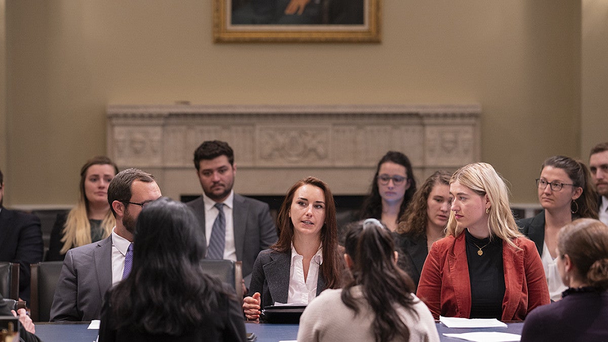 Marissa Galloway JD ’20, along with Alexandria Roullier JD ’20 and Tom Housel JD ’20, present their policy research on integrating labor standards into climate change policy to the Select Committee on the Climate Crisis. 