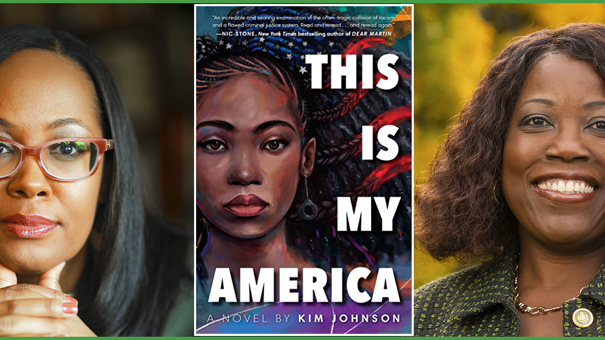 UO’s Vice Provost for Undergraduate Education and Student Success and author Kimberly Johnson, Johnson's book 'This is My America', and Marcilynn A. Burke, Dean and Dave Frohnmayer Chair in Leadership and Law