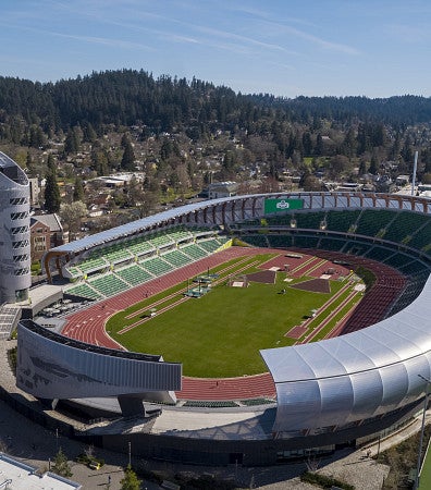 Aerial photo of Hayward Field next to the law school
