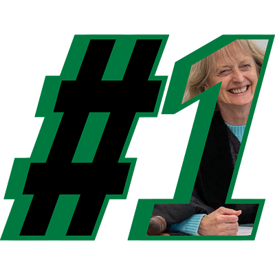 Professor Suzanne Row inside of a #1 cut out.