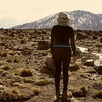 Researcher standing on a rock looking towards mountains