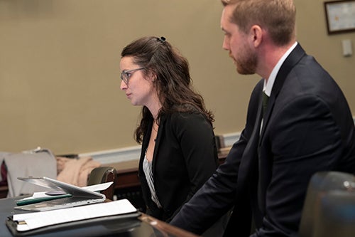 Grace Brahler JD ’20 and Connor Harrington LLM ’20 present their research on policy related to electrifying the nation’s seaports.