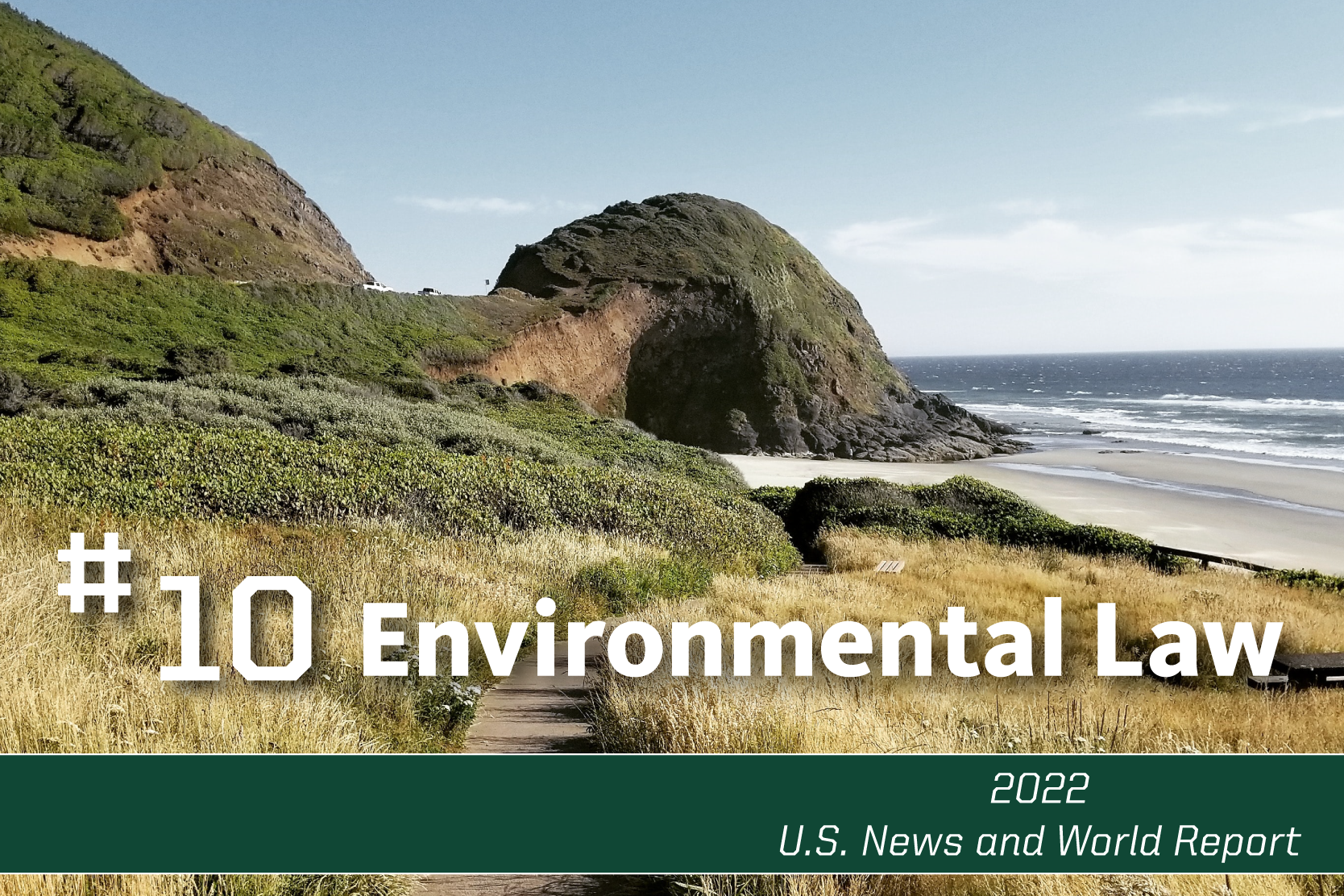 Oregon beach and rock formation, words: #10 Environmental Law 2022 US and World News Report
