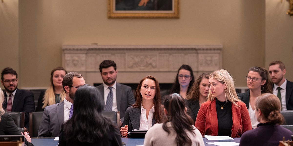 Marissa Galloway JD ’20, along with Alexandria Roullier JD ’20 and Tom Housel JD ’20, present their policy research on integrating labor standards into climate change policy to the Select Committee on the Climate Crisis. 