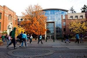 students walking across courtyard with fall-colored trees