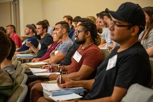 JD Program Orientation day photo of students in class looking forward