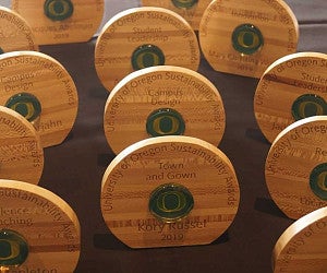UO Sustainability Awards UO Sustainability Award trophies