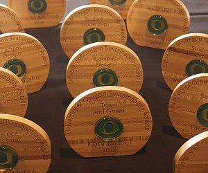 UO Sustainability Award trophies