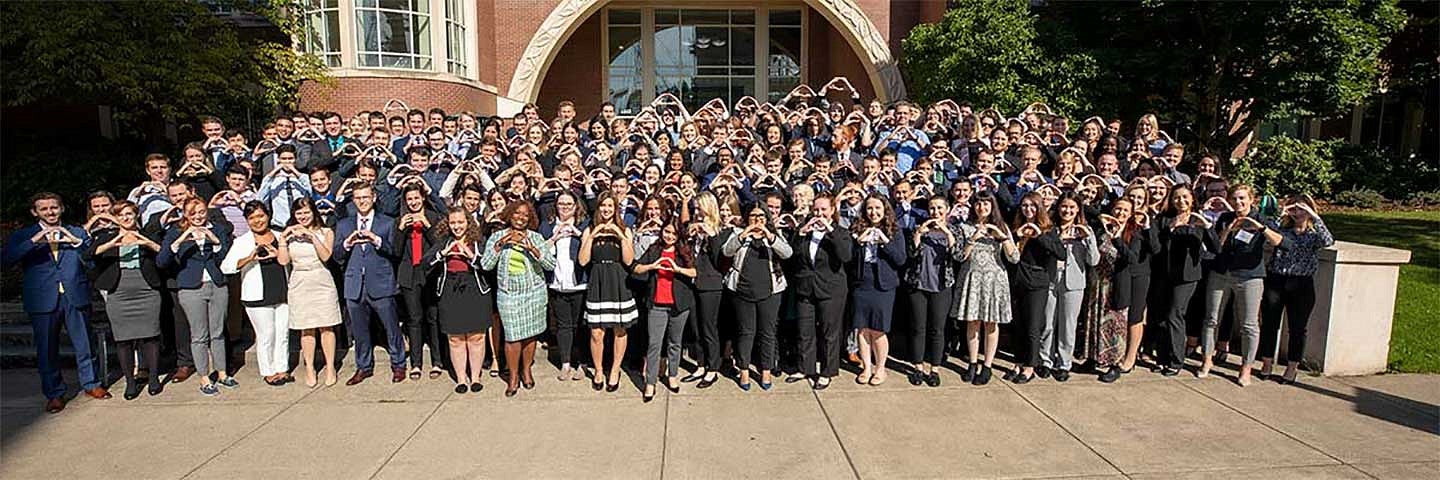 Law School students throwing the O during orientation Law School students throwing the O during orientation