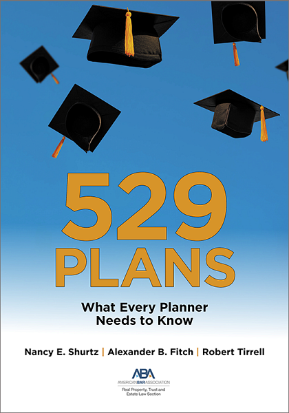 529 Plans book cover featuring a blue background with graduation caps in the air