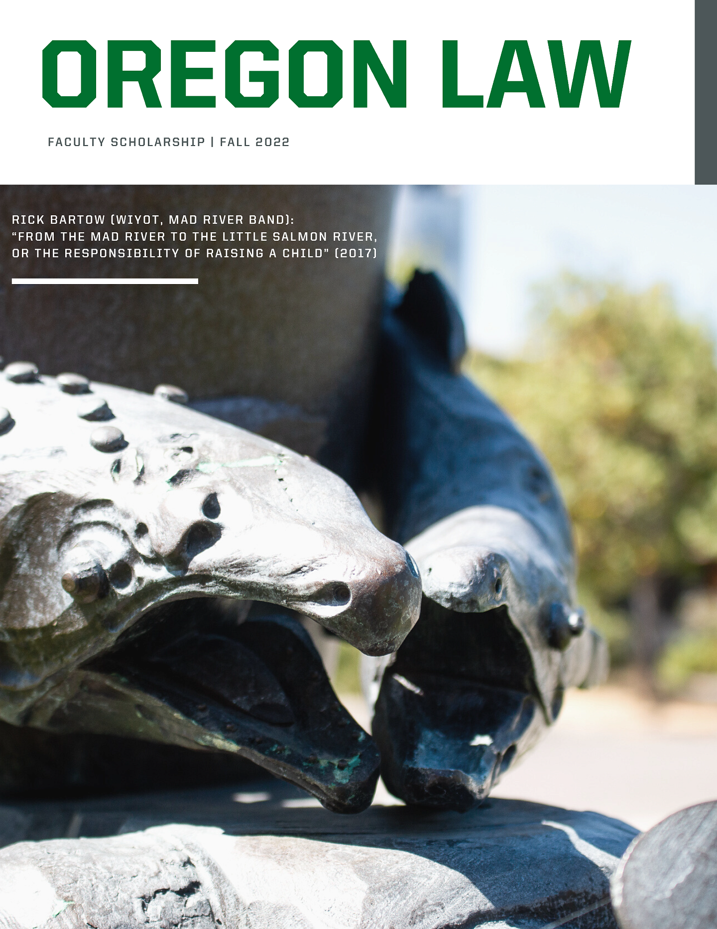 Cover page of faculty brochure featuring a sculpture with wild chinook salmon