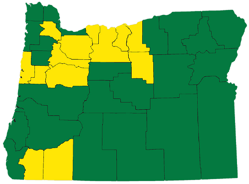 state of Oregon with the counties served highlighted in yellow