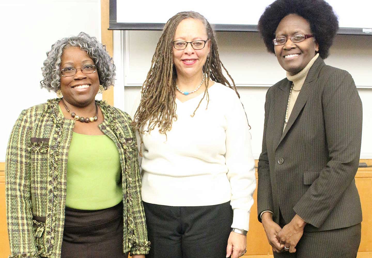 Dean Marcilynn A. Burke and Vice President for Equity & Inclusion Yvette M. Alex-Assensoh with UCLA law professor Cheryl Harris at the Derrick Bell Lecture, part of the African American Workshop and Lecture Series Marcilynn Burke, Yvette Alex-Assensoh and Cheryl Harris pose together for a photo