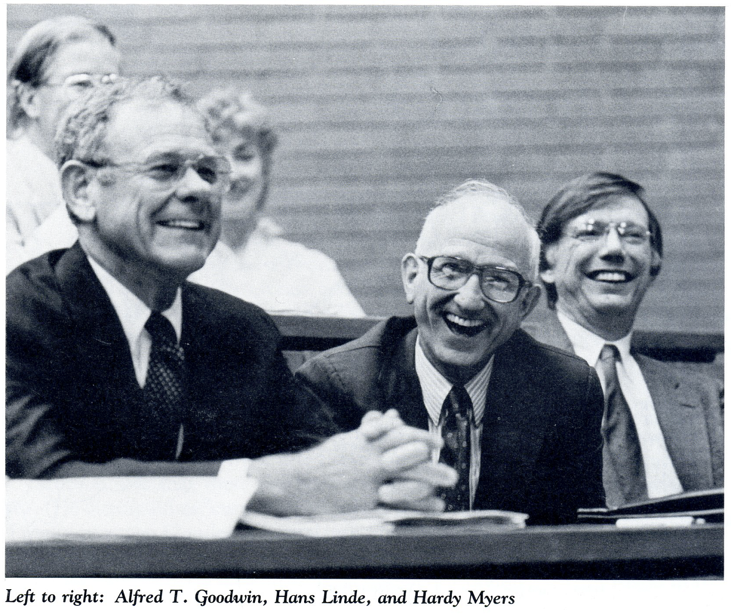 Hans Linde in the law school with Alfred Goodwin and Hardy Meyers