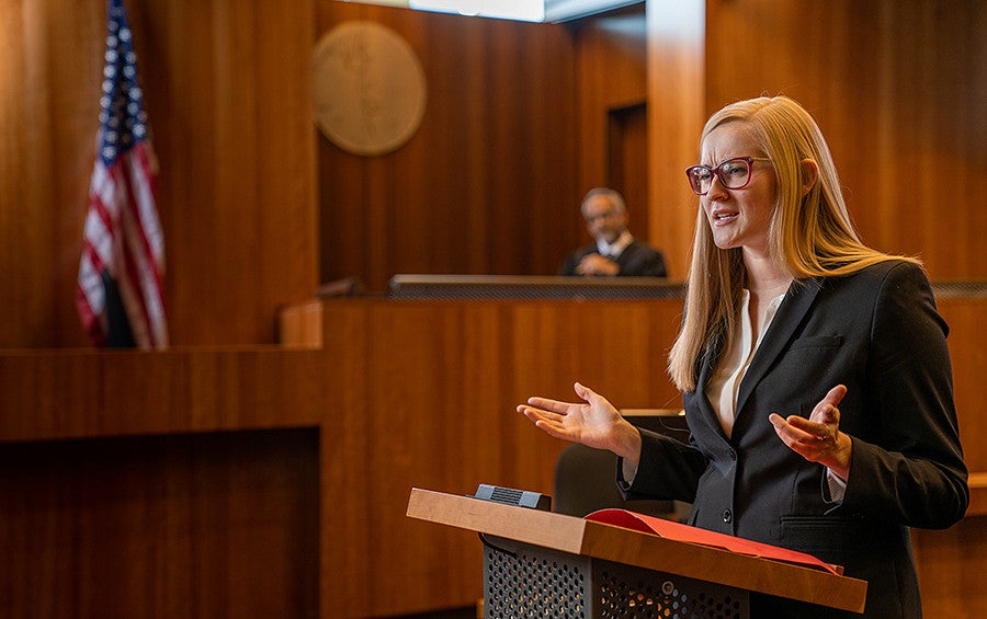 Oregon Law JD Student presenting during her field placement with the Honorable Judge Kasubhai 