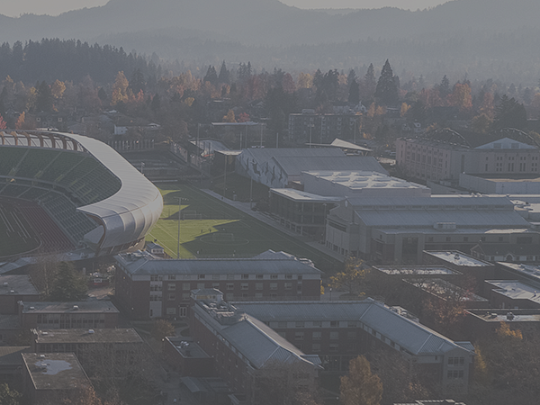 aerial view of the campus with Hayward Field centered- split right