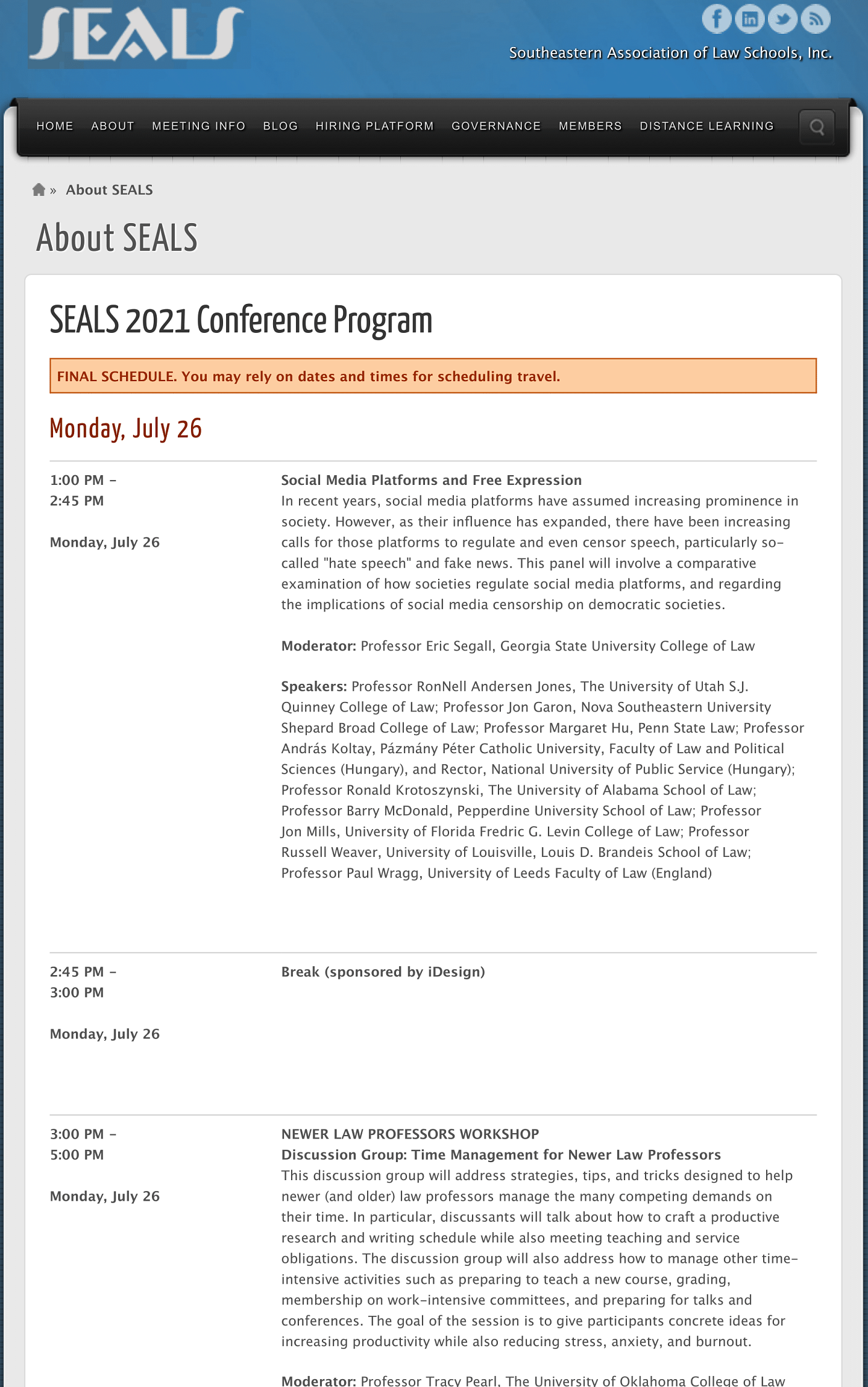 SEALS Conference Programs School of Law