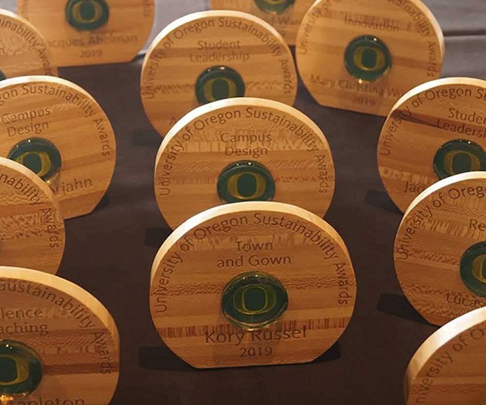 UO Sustainability Awards UO Sustainability Award trophies