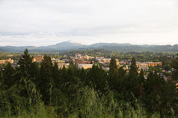 Viewpoint looking over urban Eugene with mountains in background