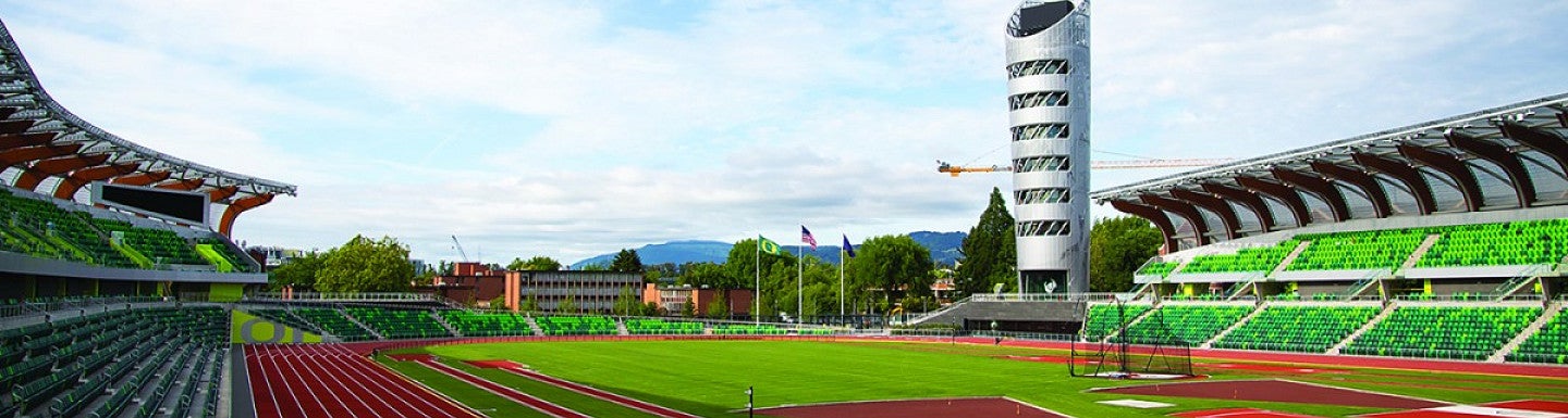 Hayward Field, from inside, with tower in background
