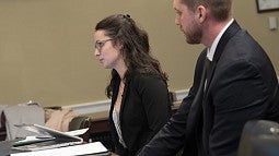 Grace Brahler JD ’20 and Connor Harrington LLM ’20 present their research on policy related to electrifying the nation’s seaports.
