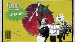 art piece, people in black and white protesting, superimposed over a color ad of a tomato.