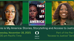 UO’s Vice Provost for Undergraduate Education and Student Success and author Kimberly Johnson, Johnson's book 'This is My America', and Marcilynn A. Burke, Dean and Dave Frohnmayer Chair in Leadership and Law