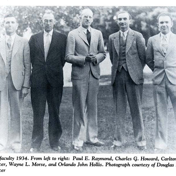 black and white photo of five male law faculty in 1934