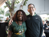 Alumnus UO President Schill and Dean Burke dressed in UO gear for the Tailgate party in 2019